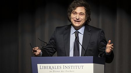 Argentina President Javier Milei speaks at an event in Switzerland in January 2025.